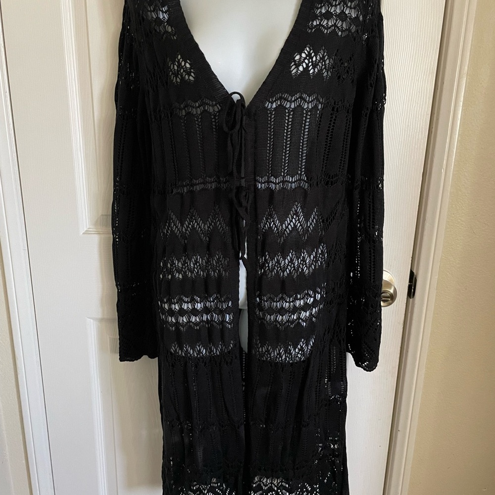 Black Crochet Tie-Front Long Swim Coverup